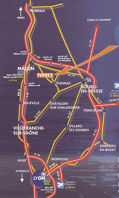Plan de situation de l'entreprise, à entre Mâcon et Bourg en Bresse, au nord de Lyon.